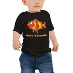 Baby wearing a short sleeve baby jersey tee in color black in size 6-12m with just clownin design.
