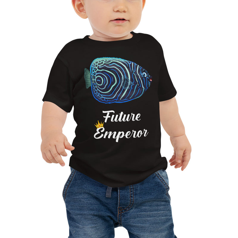 Baby wearing future emperor angelfish baby jersey short sleeve tee in color black, size 6-12m.
