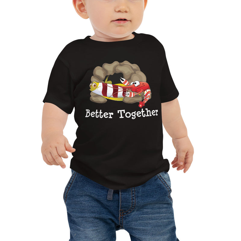 Baby wearing a Red-Banded Goby & Candy Stripe Pistol Shrimp better together friendship tee shirt design, size 6-12m, color black.