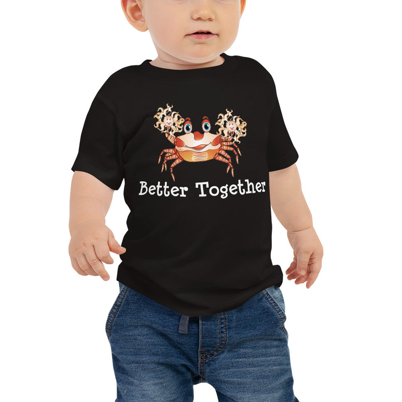 Baby wearing a jersey short sleeve tee with a pom-pom crab, color black, size 6-12m.