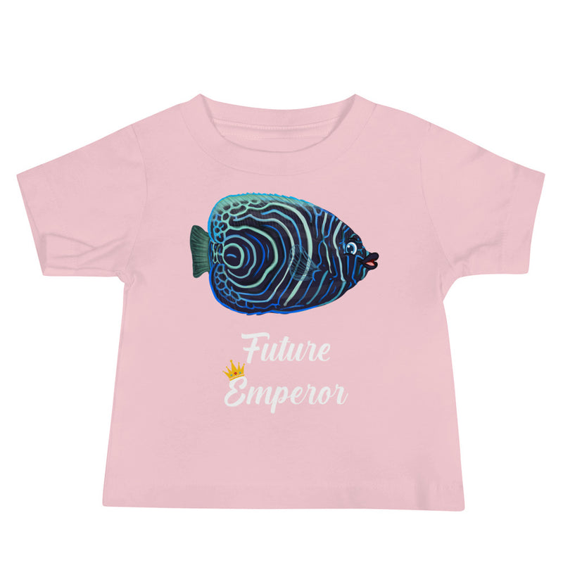 Pink baby jersey short sleeve tee with emperor fish design.