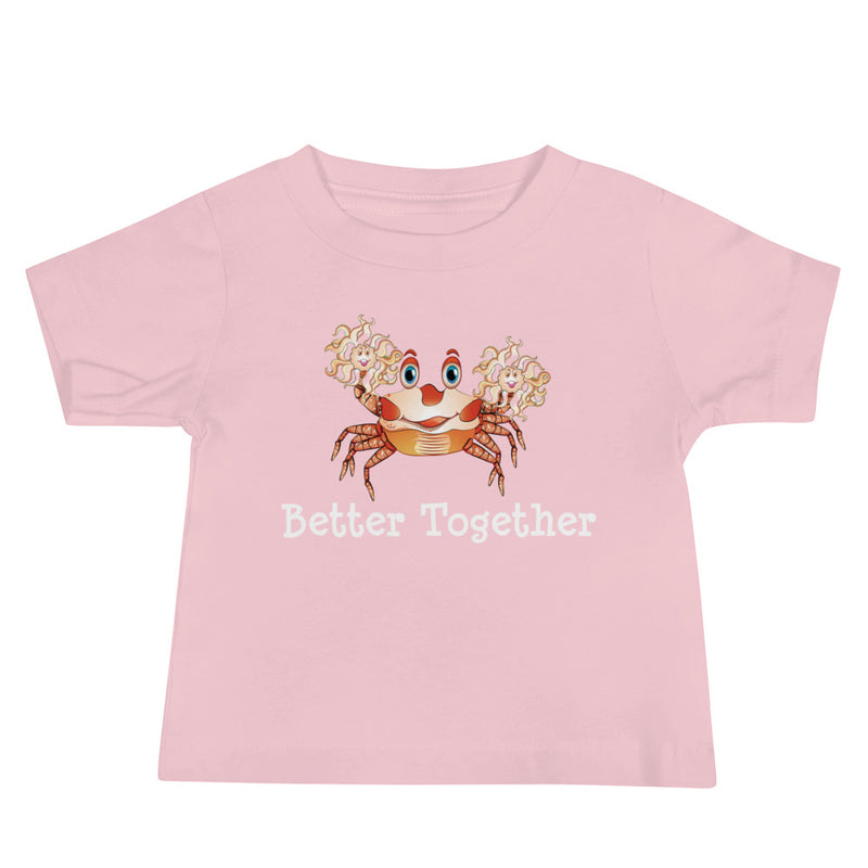 Pink Jersey baby short sleeve tee with pom-pom crab on front and words better together.