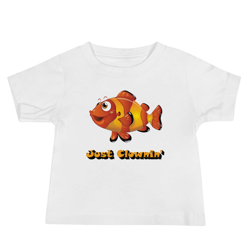 Baby jersey tee with short sleeves in color white with just clowning design.