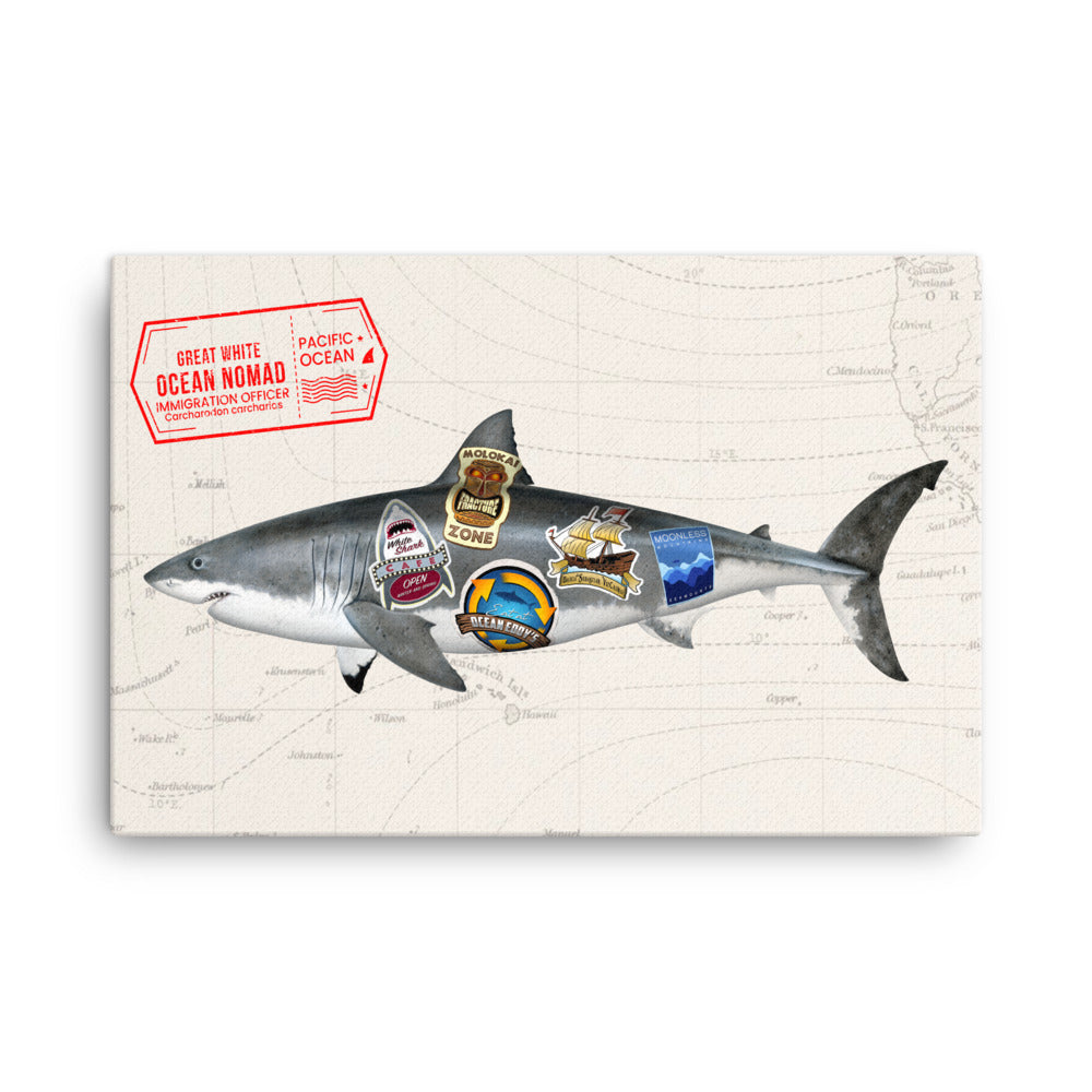 Great white ocean nomad wrapped canvas, size options 24x26, 18x24,16x20, and 12x16.