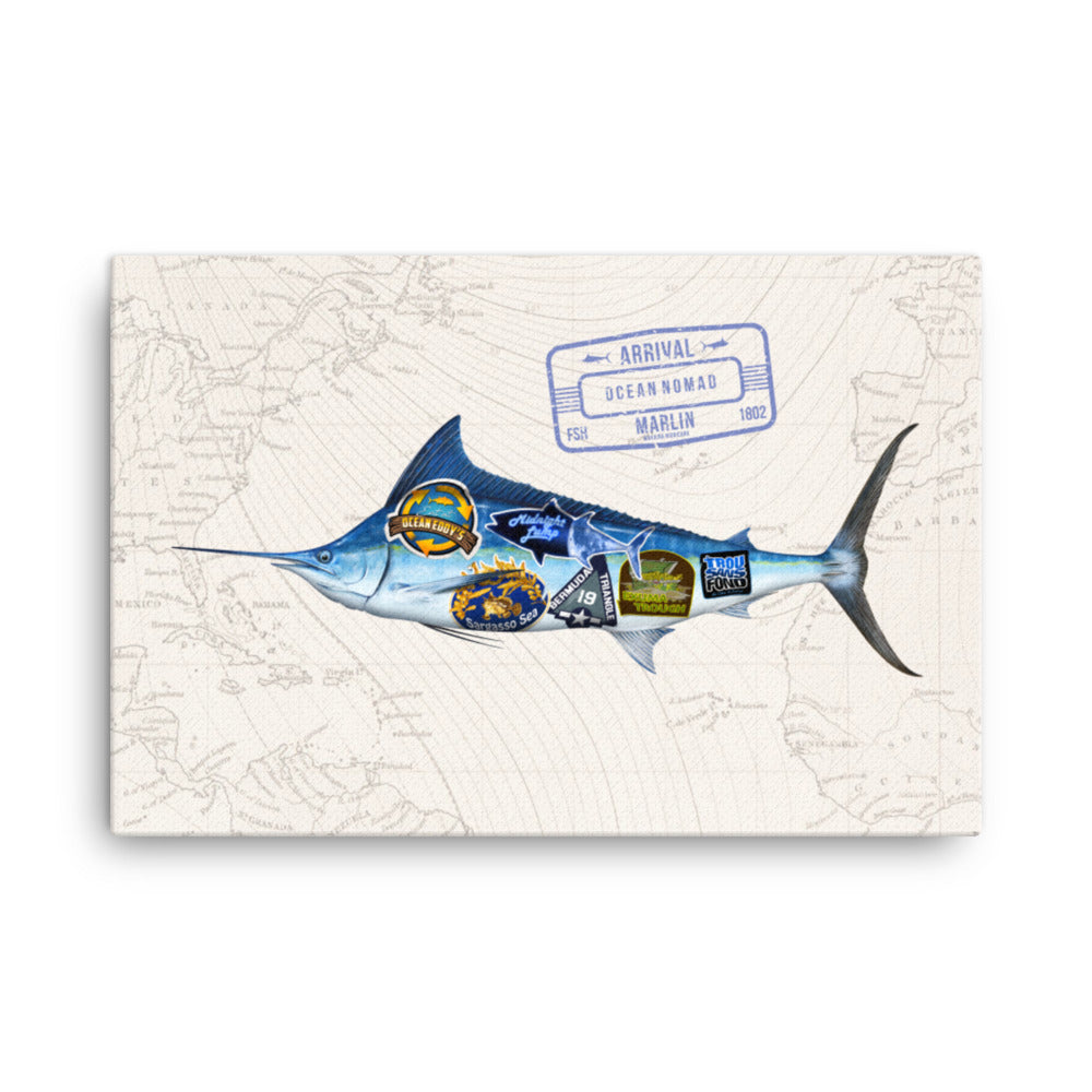 Blue marlin ocean nomad wrapped canvas, with oceanography map and blue marlin swimming, sizes 24x26, 18x24,16x20, 12x16.