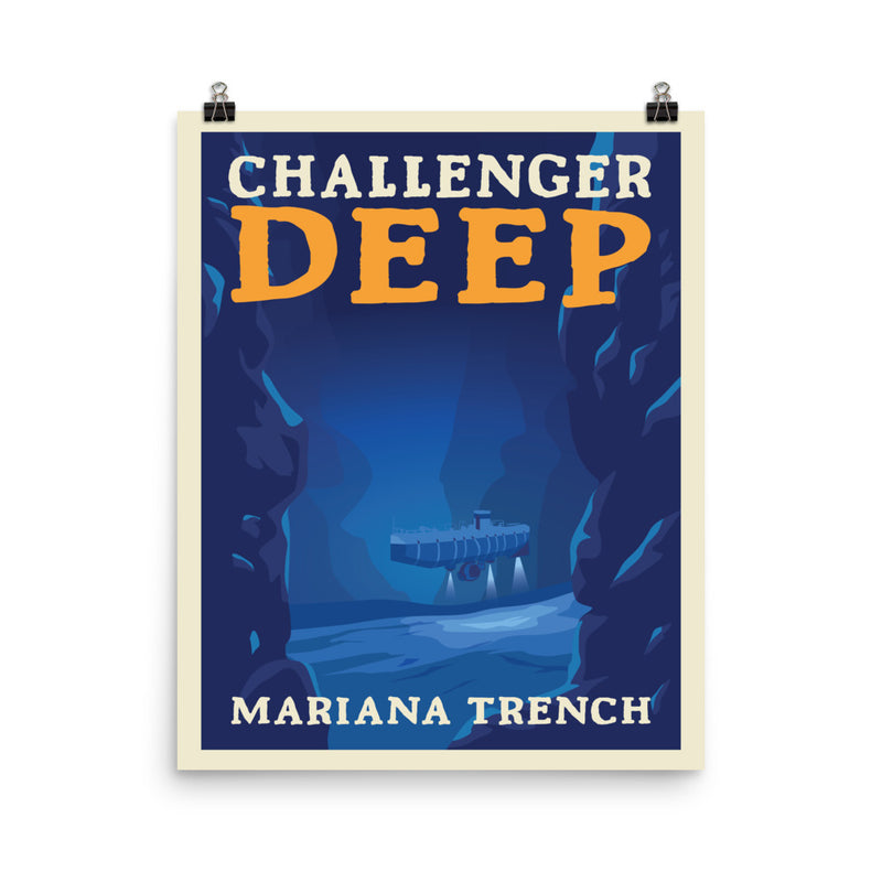 Challenger Deep Poster, blue background, submarine in distance, words Challenger Deep Mariana Trench, sizes 16x20, 18x24, 23x36.