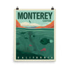 Monterey Canyon Poster, mountains in shades of red, and the ocean in blues and greens with fish swimming, poster size 16x20.