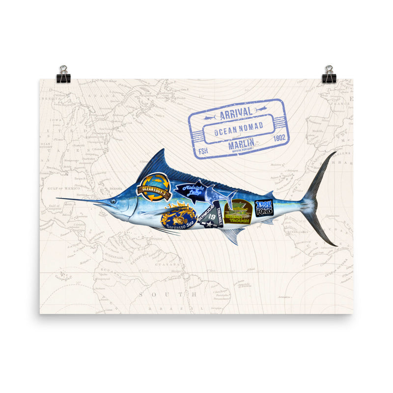 Blue marlin ocean nomad poster, oceanography map, blue marlin swimming with travel stickers on body, sizes 24x26, 18x24,16x20, 12x16.