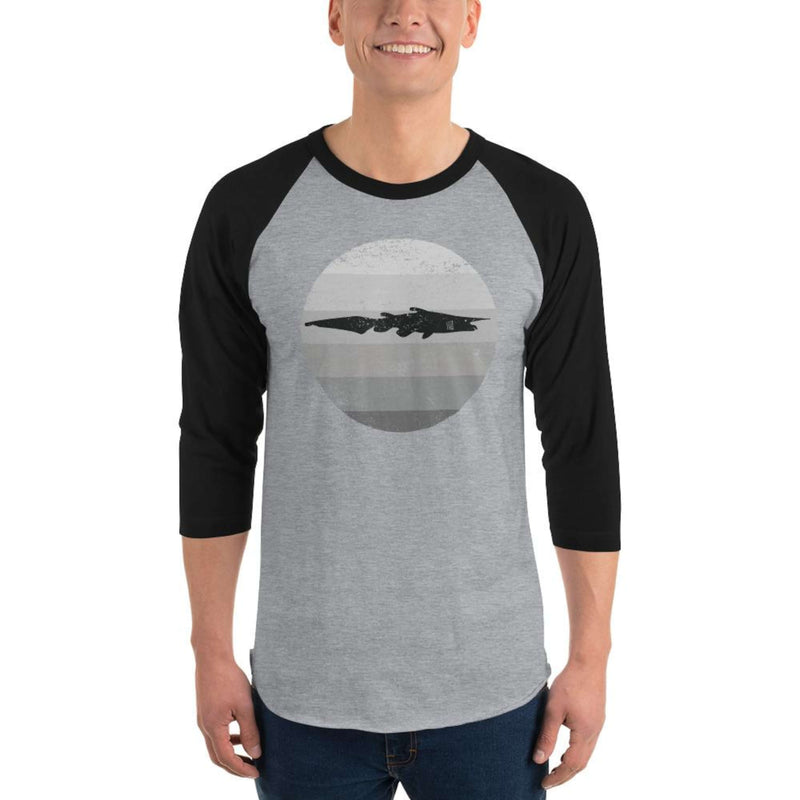 Person wearing ¾ sleeve raglan shirt with goblin shark design, black sleeves, grey body, heather grey/black color option.