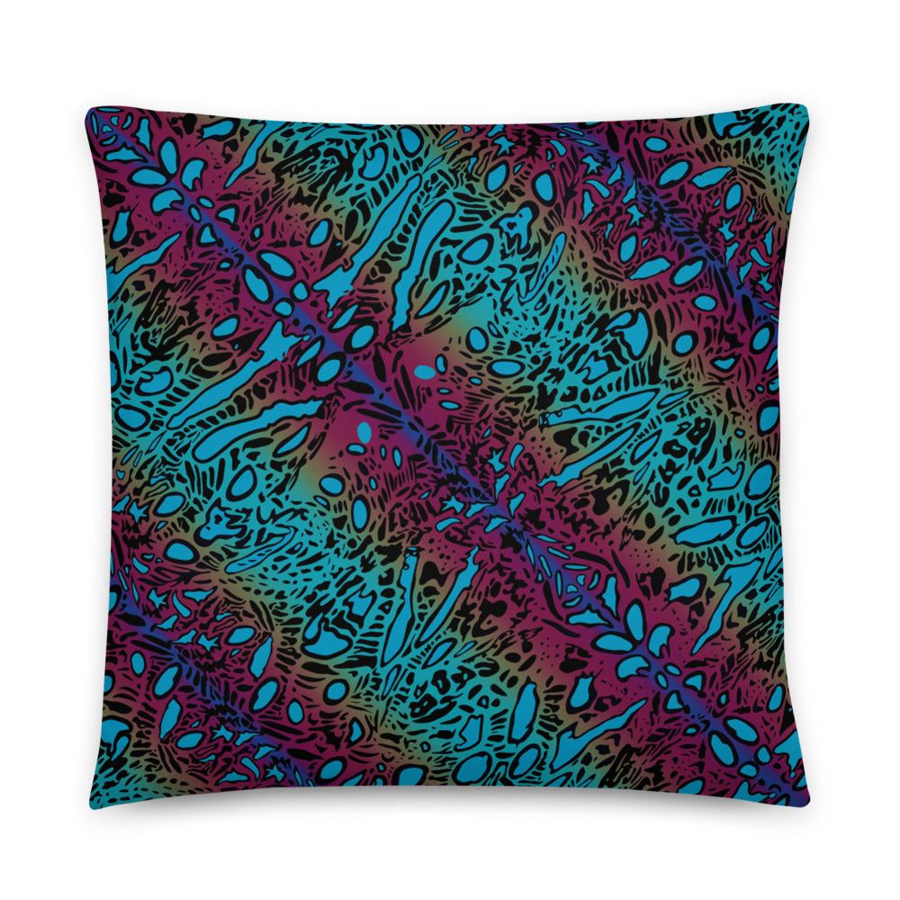 Turquoise, purple and blue throw pillow with organic pattern inspired by the Crocea Clam, pattern runs diagonal, in size 18x18.