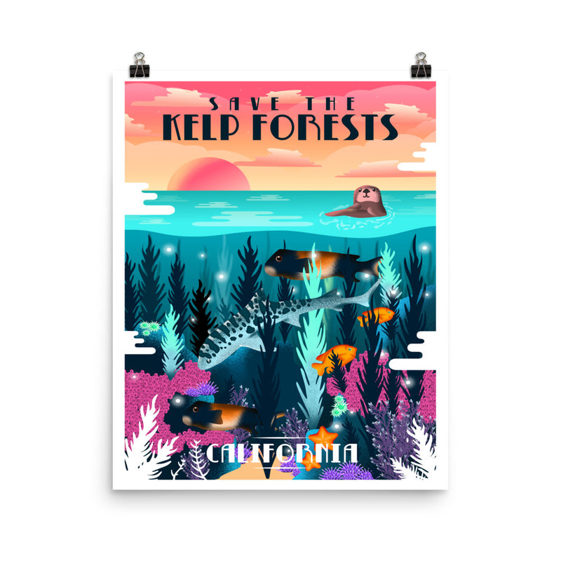 California Kelp Forest Poster, otter swimming, fish swimming, words save the kelp forests California, sizes 16x20, 18x24, 24x36.