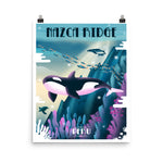 Nazca Ridge Poster, blue whale swimming surrounded by ocean life, colors of turquoise, blue, white, purple, size 16x20.