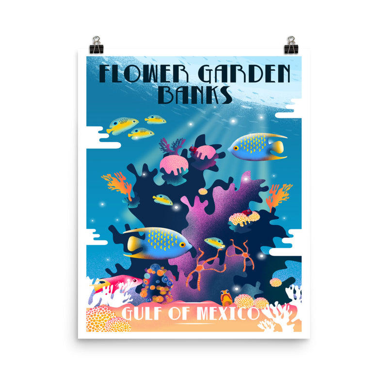 Flower Garden Banks poster, words flower garden banks and gulf of Mexico, multi-colored fish swimming in coral, size 16x20.