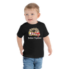 Toddler wearing a black short sleeve t-shirt with Red-banded goby and candy stripe pistol shrimp friendship design, size 2T. 