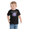Toddler wearing a black short sleeve t-shirt with clownfish and anemone friendship design in size 2T. 
