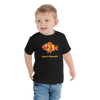 Toddler wearing a black short sleeve t-shirt with Just clownin’ design in size 2T. 