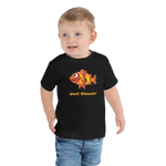 Toddler wearing a black short sleeve t-shirt with Just clownin’ design in size 2T. 