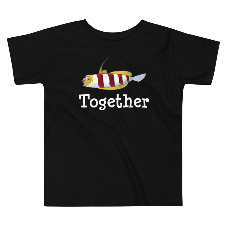 Red-banded goby toddler short sleeve t-shirt in color black, with red and white stripe goby and word together under design.