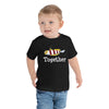Toddler wearing a black short sleeve t-shirt with red-banded goby design in size 2T. 