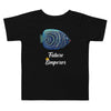Emperor angelfish toddler short sleeve t-shirt, in color black, with words future emperor under fish.