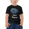 Toddler wearing a black short sleeve t-shirt, with future emperor design in size 2T.