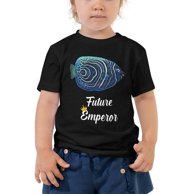 Toddler wearing a black short sleeve t-shirt, with future emperor design in size 2T.