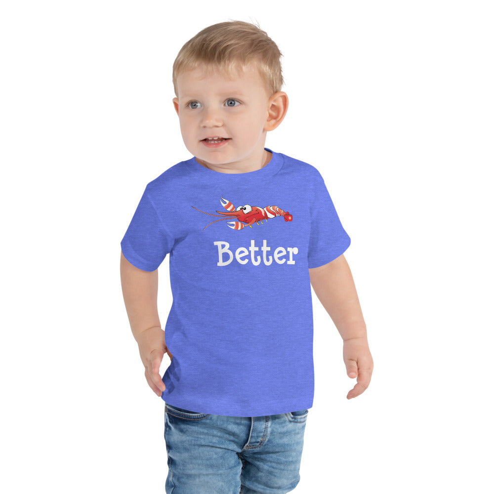 Toddler wearing a heather columbia blue short sleeve t-shirt with candy stripe pistol shrimp  design in size 3T. 