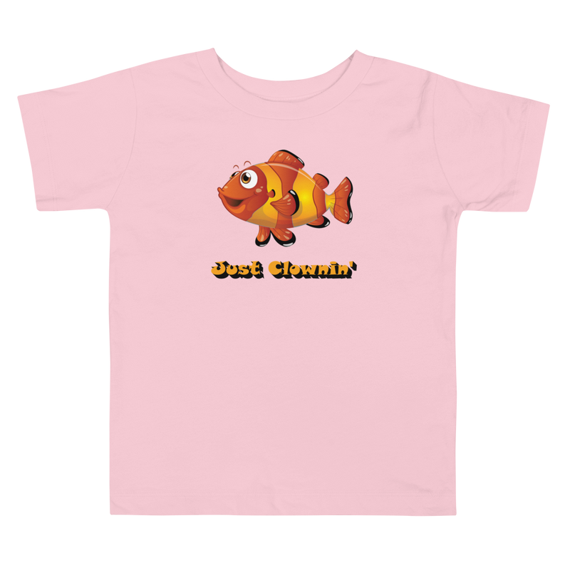 Pink color version of the toddler Just clownin’ design short sleeve t-shirt.