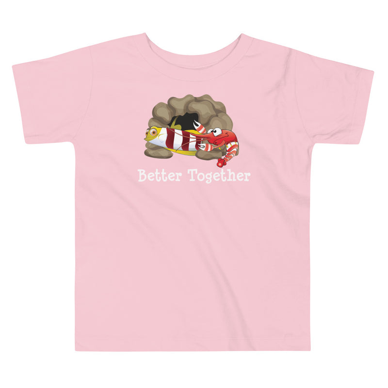 Pink color version of the toddler Red-banded goby and candy stripe pistol shrimp friendship design short sleeve t-shirt.