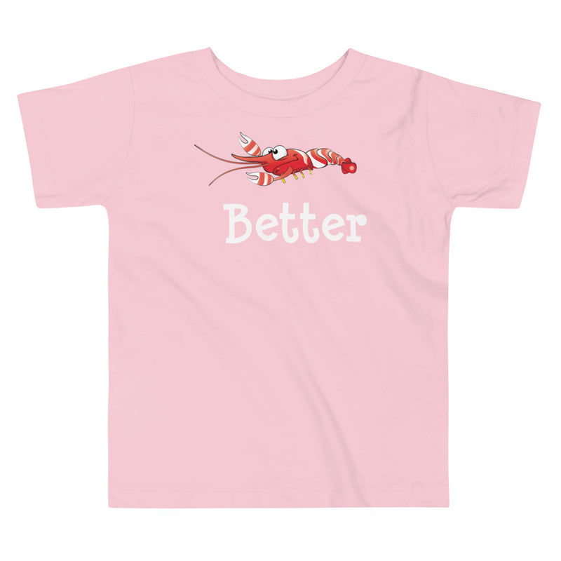 Pink color version of the toddler candy stripe pistol shrimp design short sleeve t-shirt.