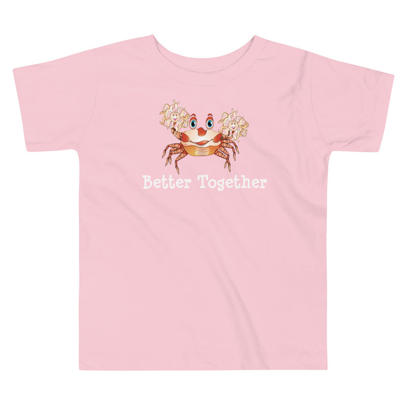 Pink color version of the toddler Pom-pom crab friendship design short sleeve t-shirt.