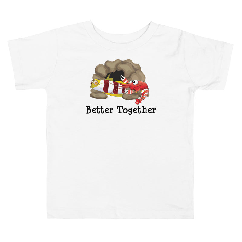 White color version of the toddler Red-banded goby and candy stripe pistol shrimp friendship design short sleeve t-shirt.