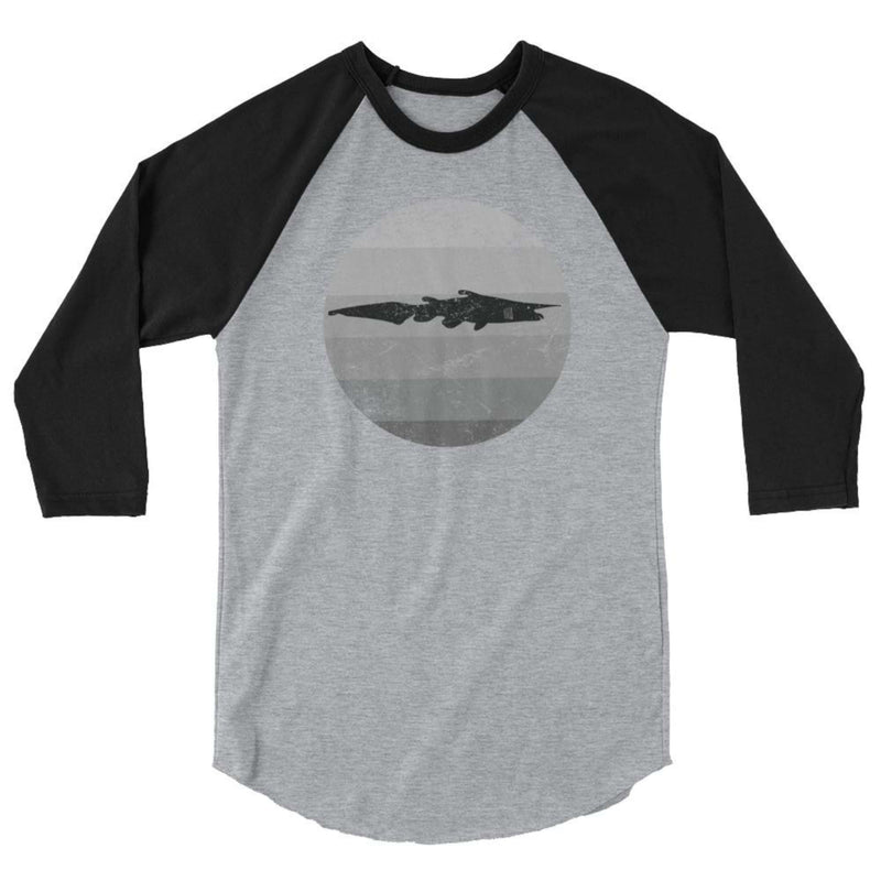 Goblin shark ¾ sleeve raglan shirt, black sleeves, grey body and circle of neutral colors of grey with goblin shark in circle.
