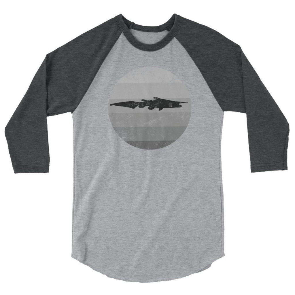 Heather grey/heather charcoal ¾ sleeve raglan shirt with goblin shark design on front of shirt, size M.