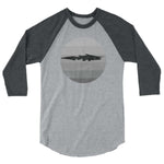Heather grey/heather charcoal ¾ sleeve raglan shirt with goblin shark design on front of shirt, size M.