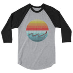 Oarfish ¾ sleeve raglan shirt with black sleeves and grey body, circle of graduating warm colors and oarfish in the circle.