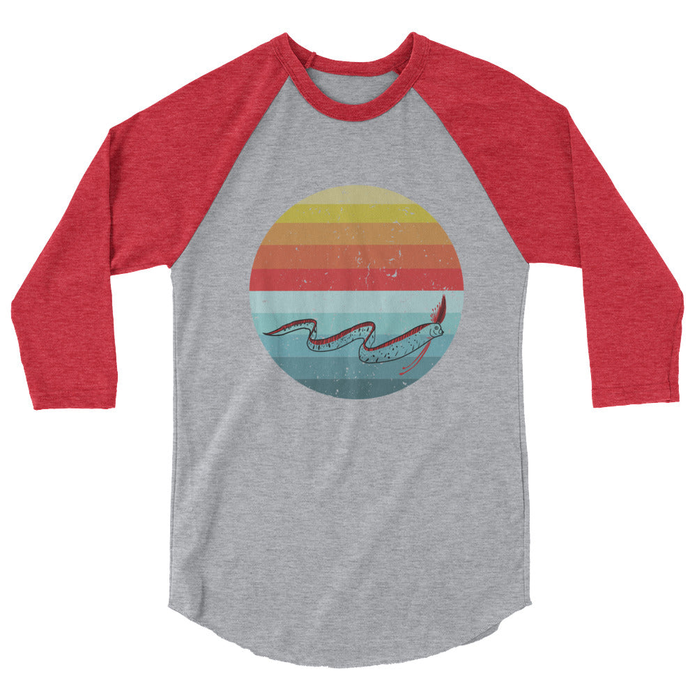 Heather grey/heather red ¾ sleeve raglan shirt with oarfish design on front of shirt, size M.