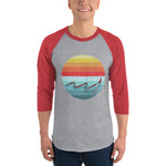 Person wearing ¾ sleeve raglan shirt with oarfish design, red sleeves, grey body, heather grey/heather red color option.