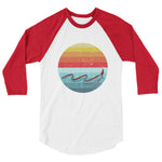 White/red ¾ sleeve raglan shirt with oarfish design on front of shirt, size XL.
