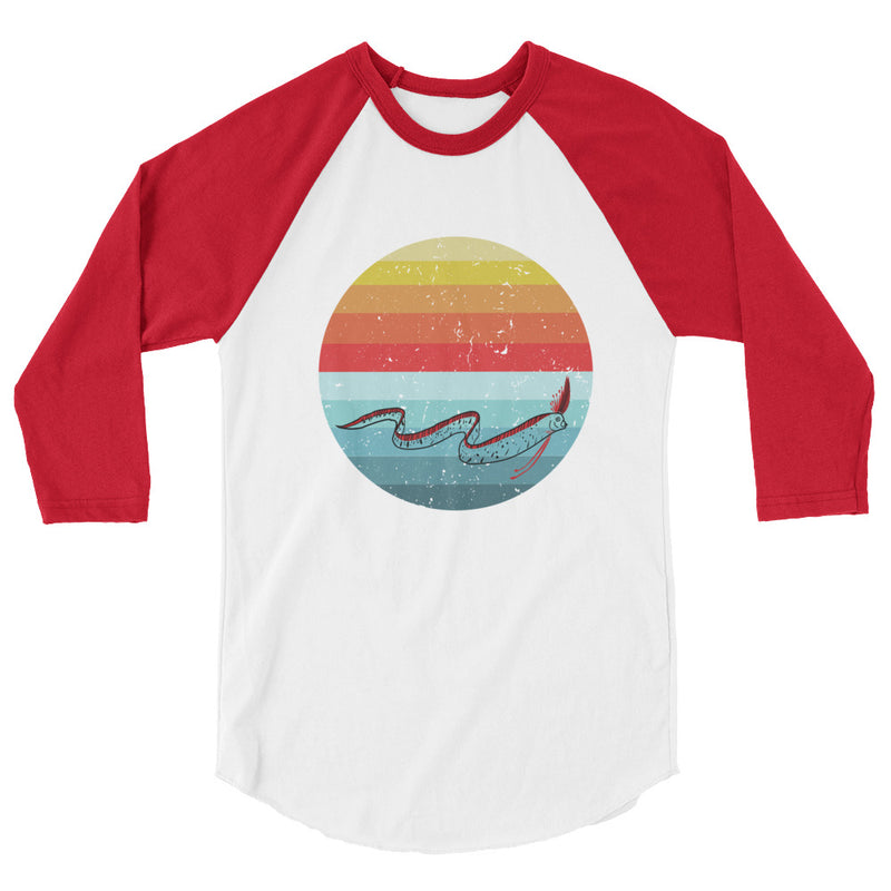 White/red ¾ sleeve raglan shirt with oarfish design on front of shirt, size XL.
