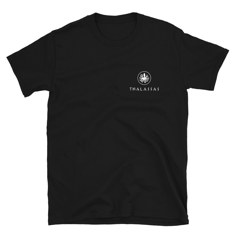 Black short sleeve T-shirt, with Thalassas logo on front and mahi mahi design on back.