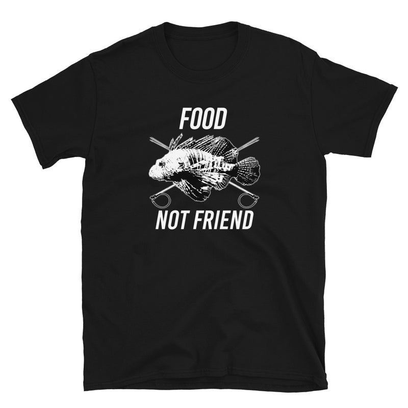 Black short sleeve t-shirt with lionfish in center and words not friend above and below, size adult 3XL.