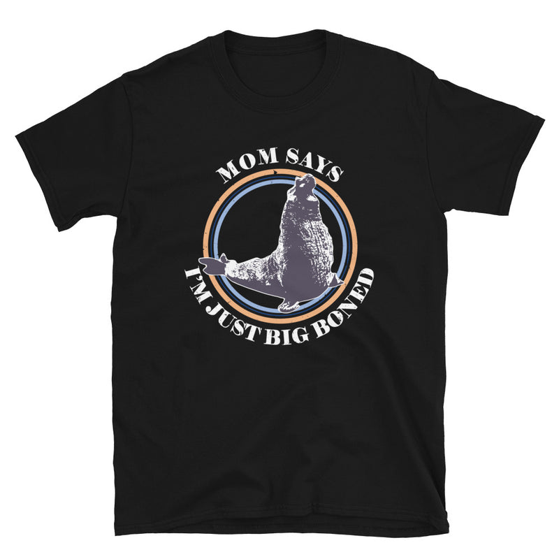 Black color version of the short sleeve T-Shirt with big boned elephant seal design on front of shirt, adult size M. 