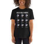 Person wearing short sleeve t-shirt with mola mola moods design in color black, adult size XL.