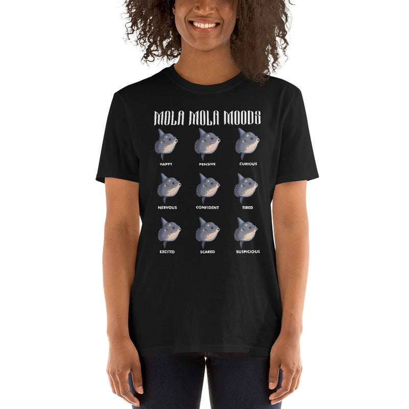 Person wearing short sleeve t-shirt with mola mola moods design in color black, adult size XL.