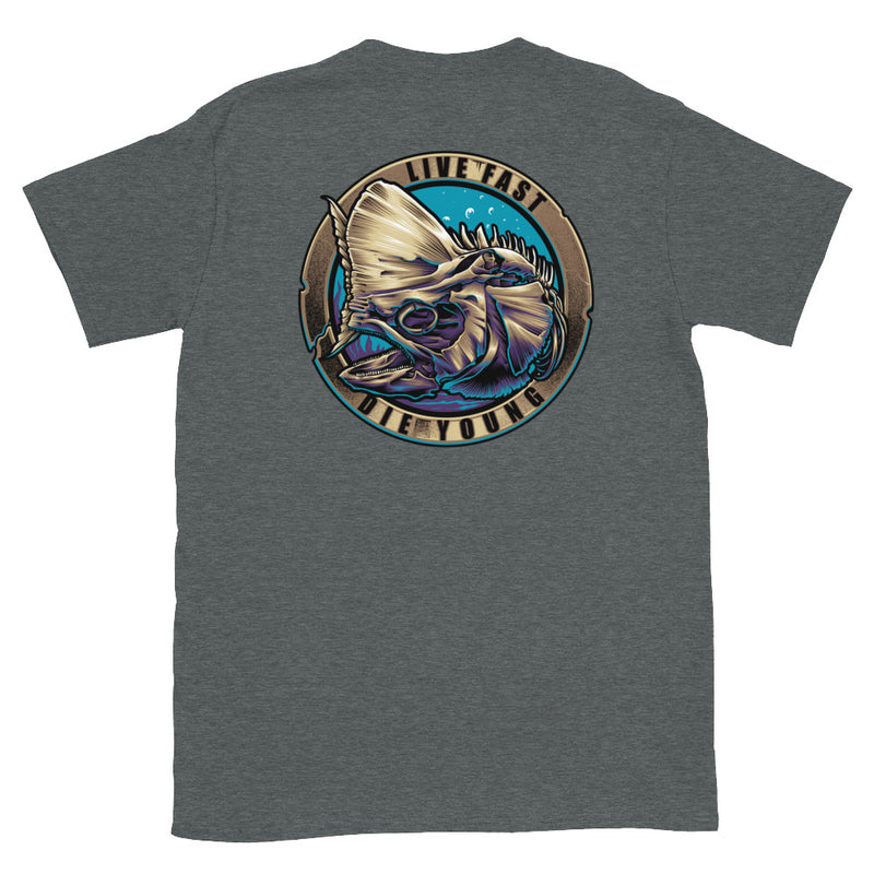 Dark heather color version of the short sleeve mahi mahi design t-shirt, size 2XL.
