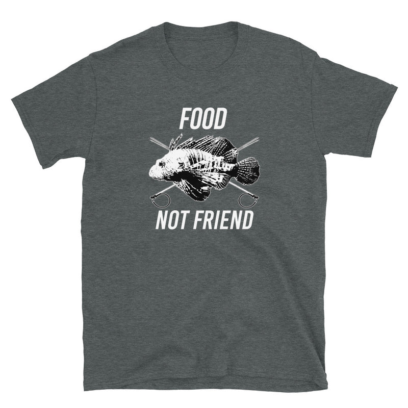 Dark heather color version of the short sleeve lionfish food not friend design t-shirt.