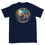 Navy blue short sleeve T-Shirt with mahi mahi design on front of shirt, size L.