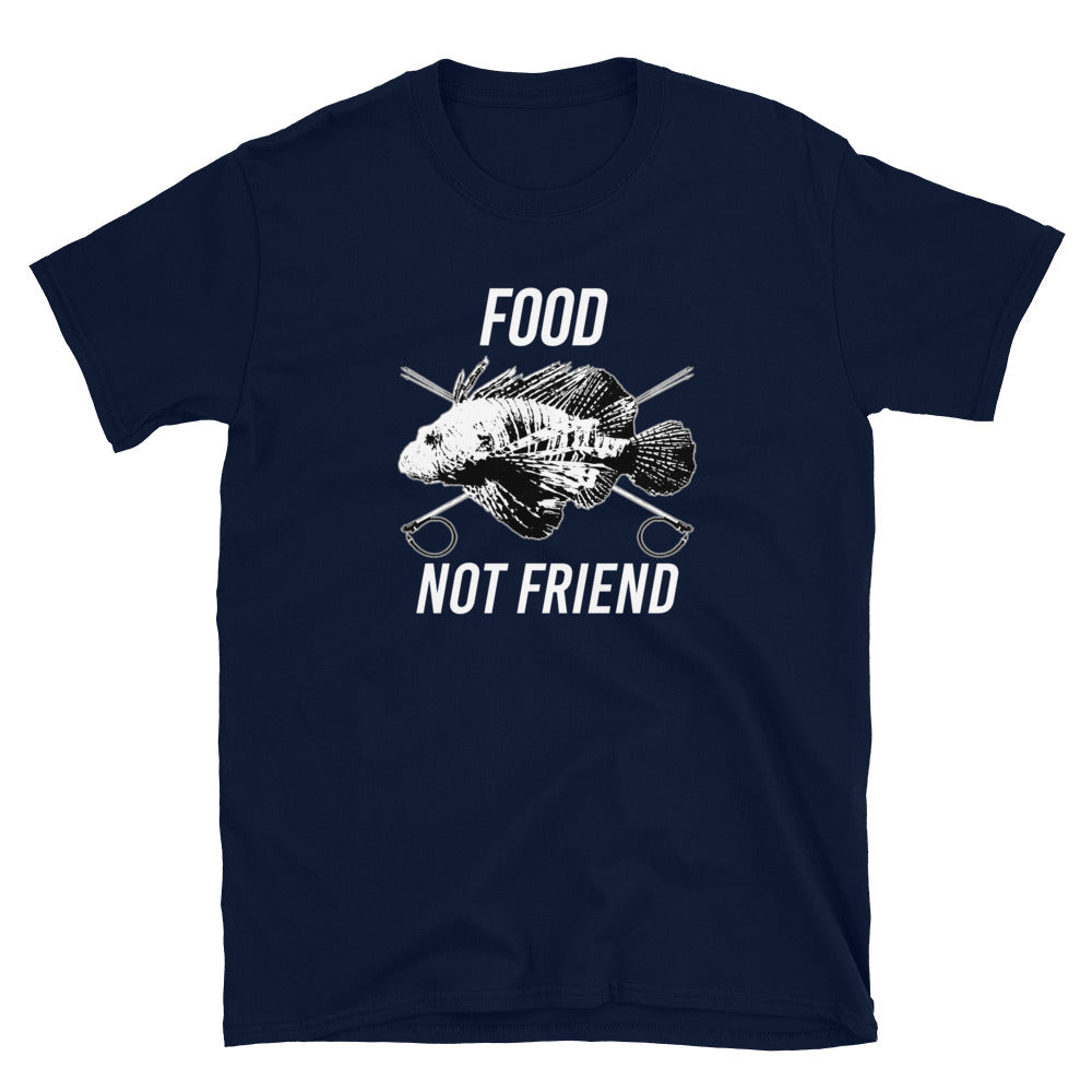 Navy blue short sleeve T-Shirt with lionfish food not friend design on front of shirt, adult size 3XL.