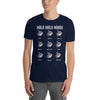 Person wearing short sleeve t-shirt with mola mola moods design in color navy, adult size S.